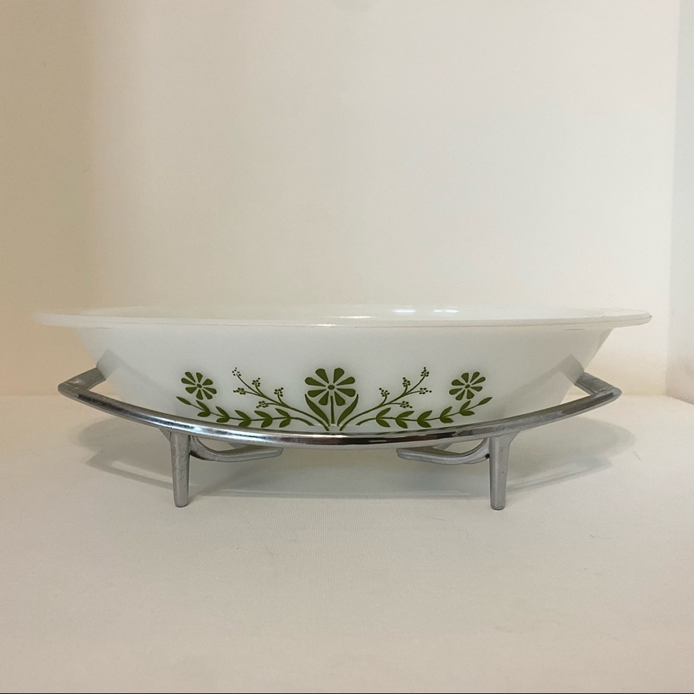 Vintage Glasbake Split Casserole Dish Green Crazy Daisy Floral Milk Glass Trivet